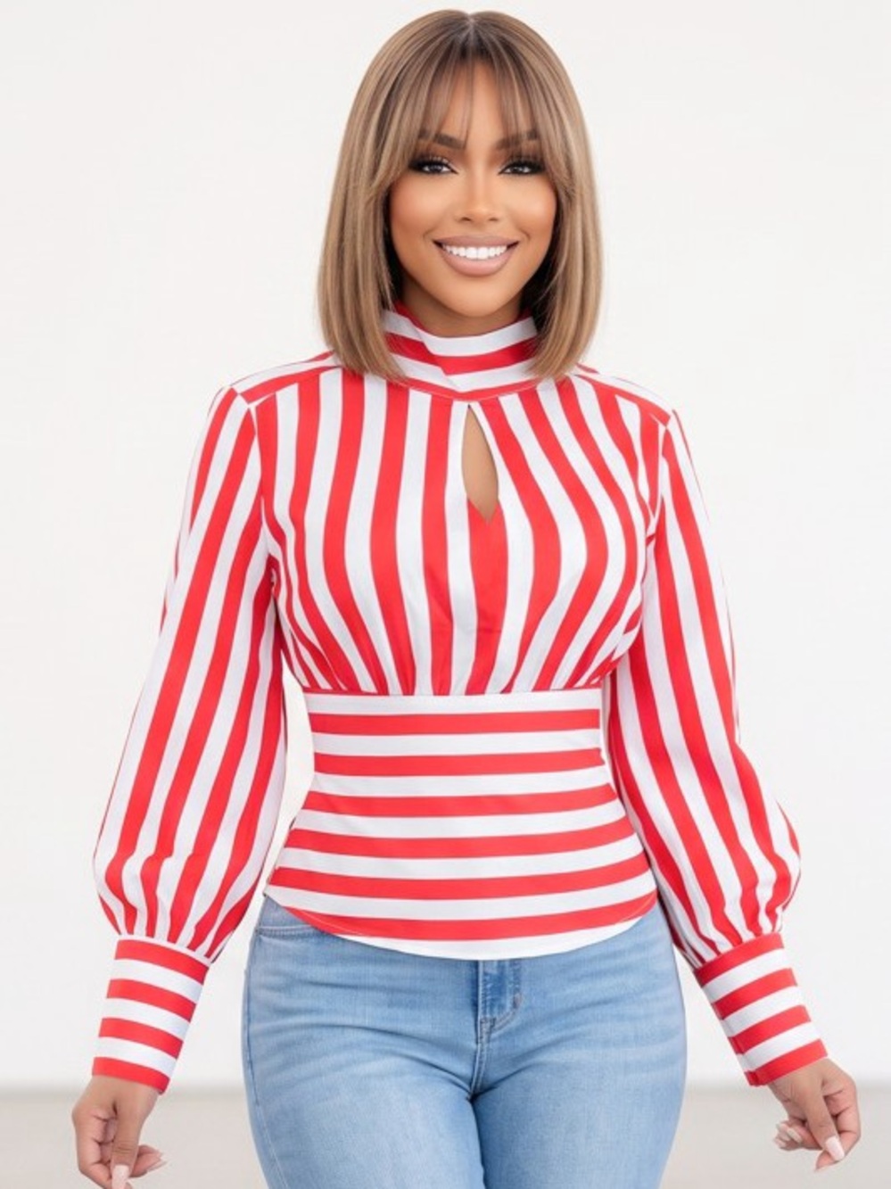 Red & White Striped Mock Neck Keyhole Peplum Blouse